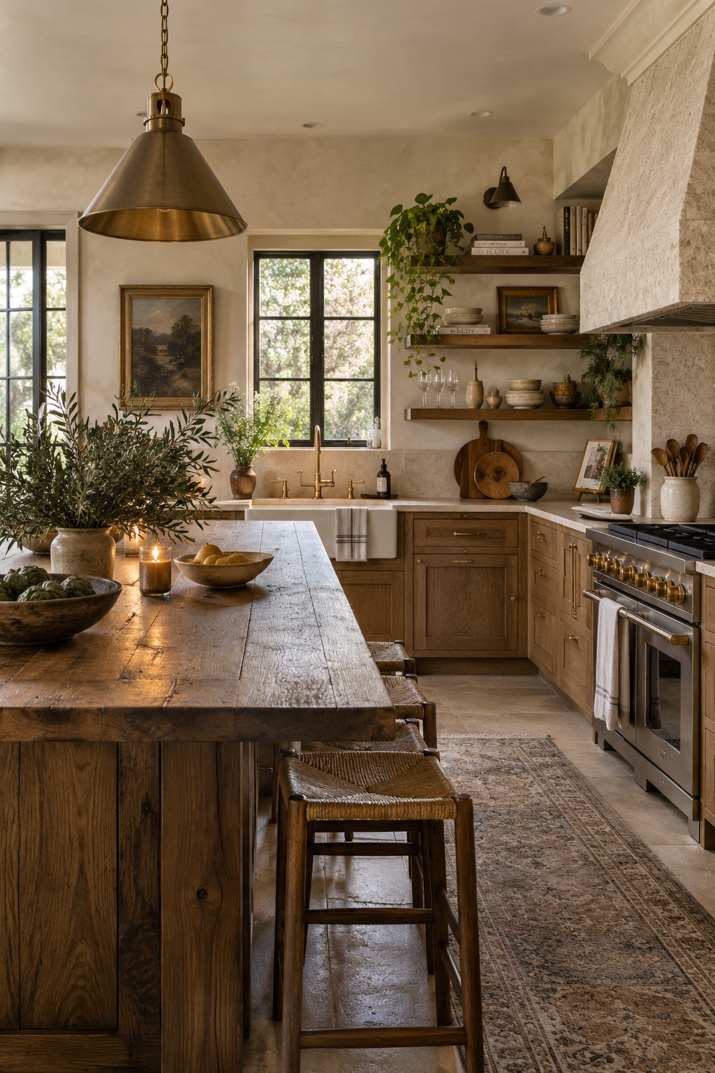 Rustic kitchen with a heavy wooden island, brass pendant light, open shelving and collected ceramics