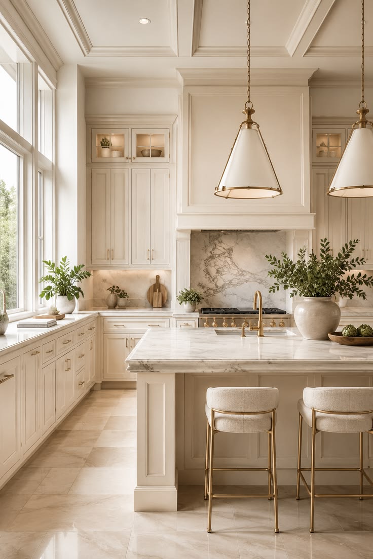 Cream kitchen with soft neutral cabinetry, wood counter and linen textures