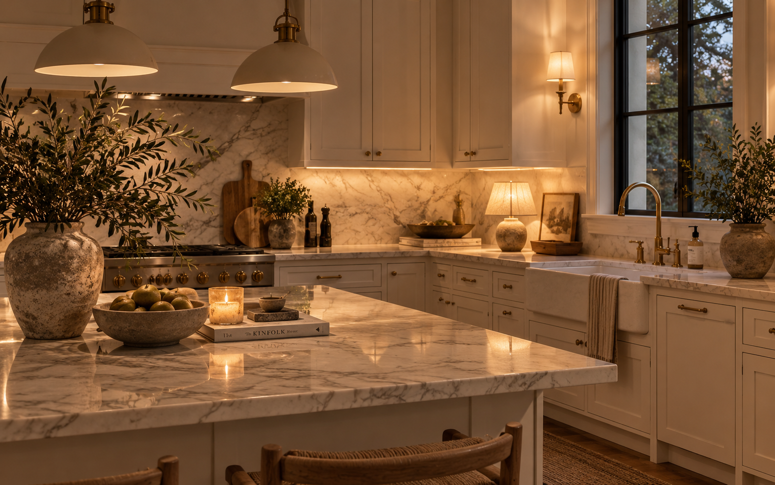 Cream kitchen in the evening lit by a countertop lamp and under-cabinet lighting