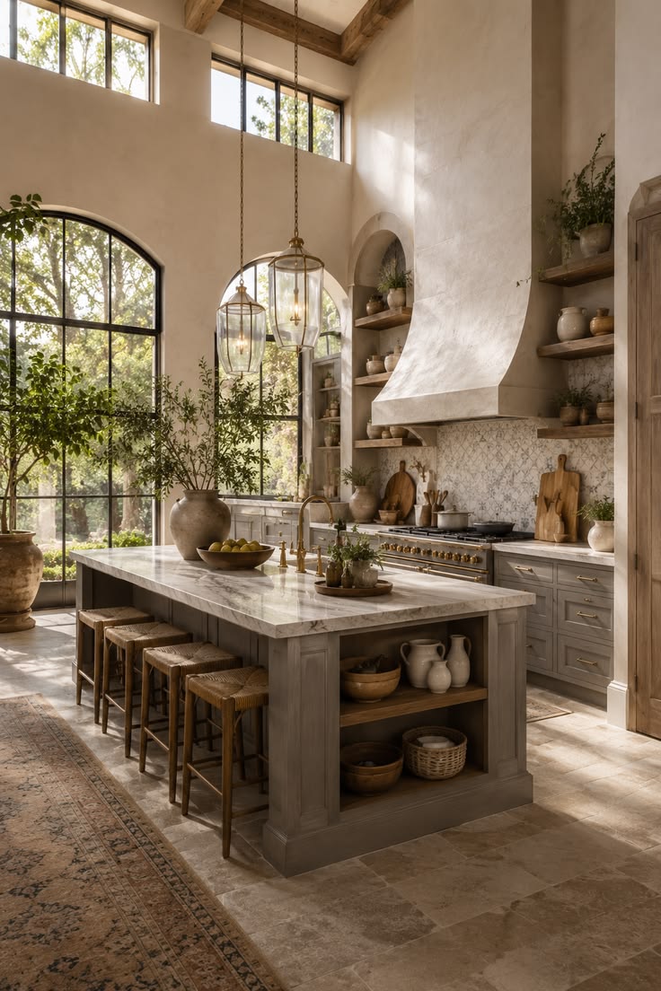 Rustic kitchen with timber beams, stone floor and collected pottery