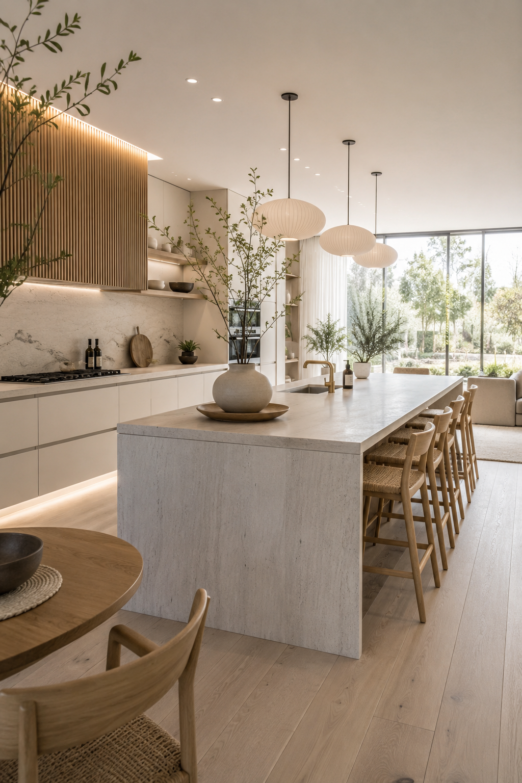 Japandi kitchen with pale oak cabinetry, minimal forms and ceramics
