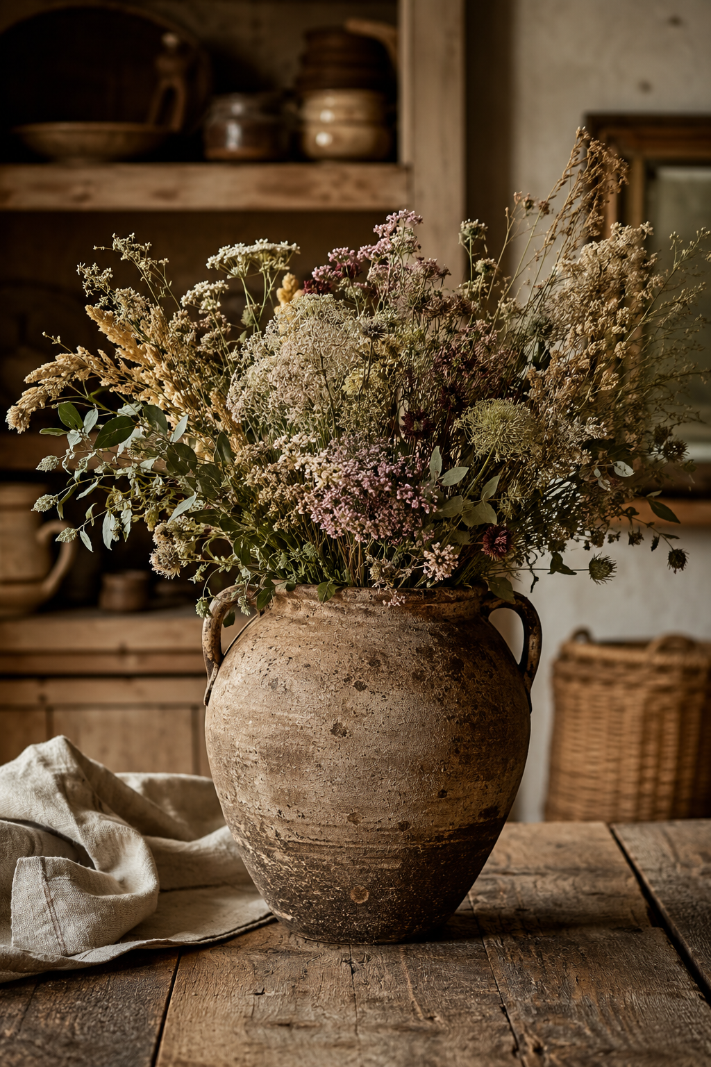 Earthenware vases with dried branches on a weathered wooden table
