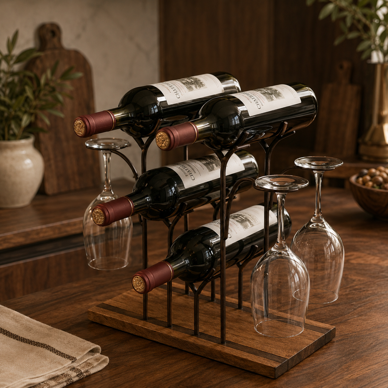 Wooden and iron rack holding wine bottles and hanging glasses