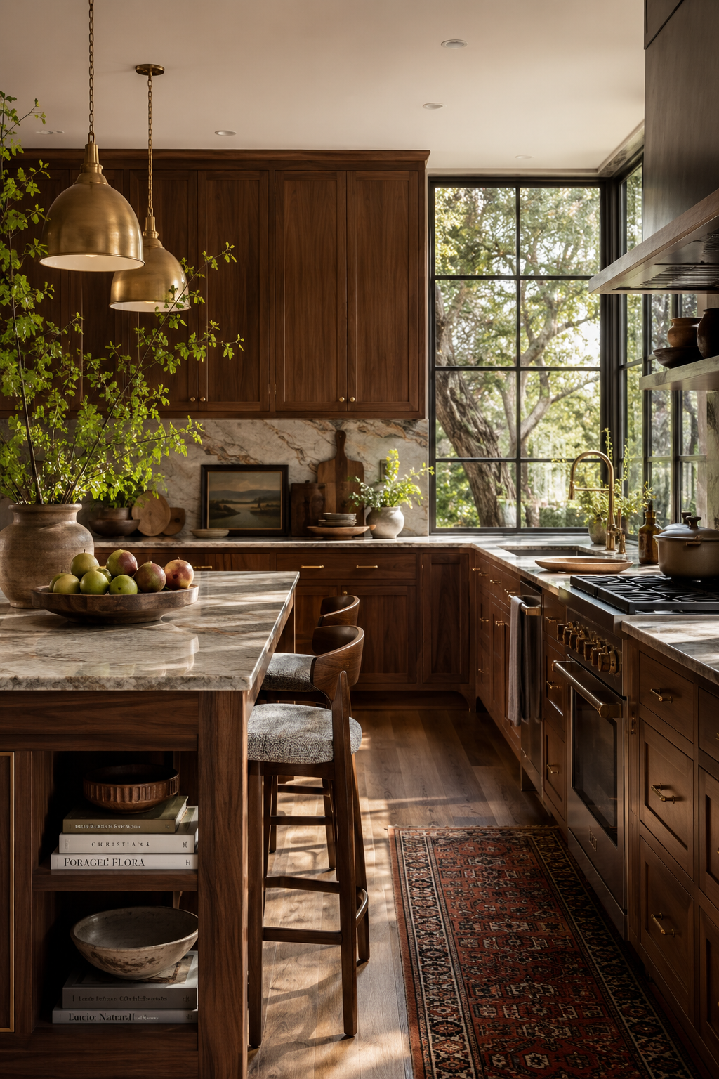 Walnut kitchen with pale stone counter, aged brass tap and cream plaster walls