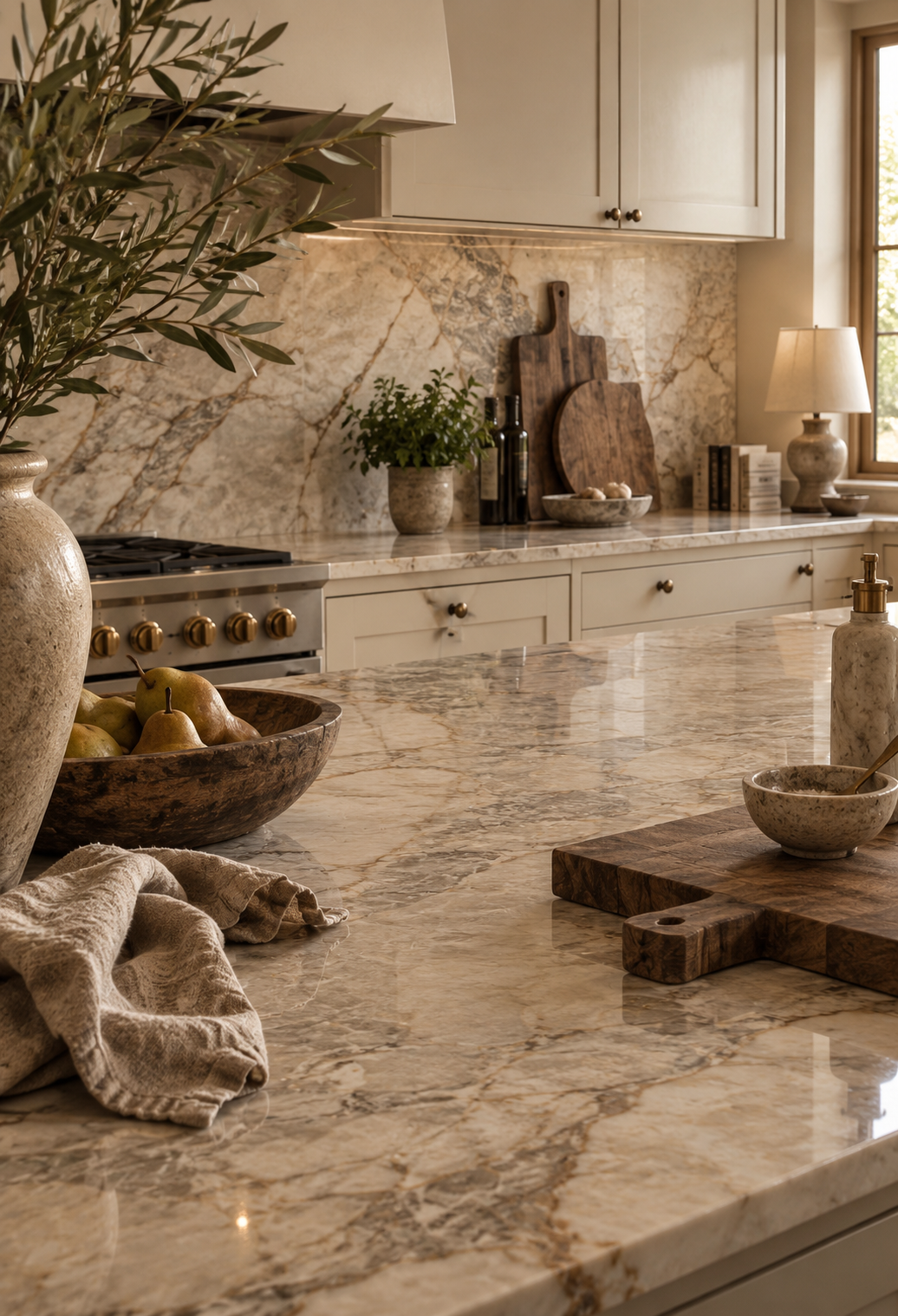 Warm veined marble countertop edge against cream cabinetry