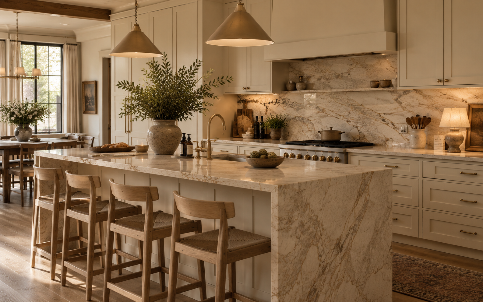 Cream kitchen with warm neutral cabinetry, stone counters and soft daylight