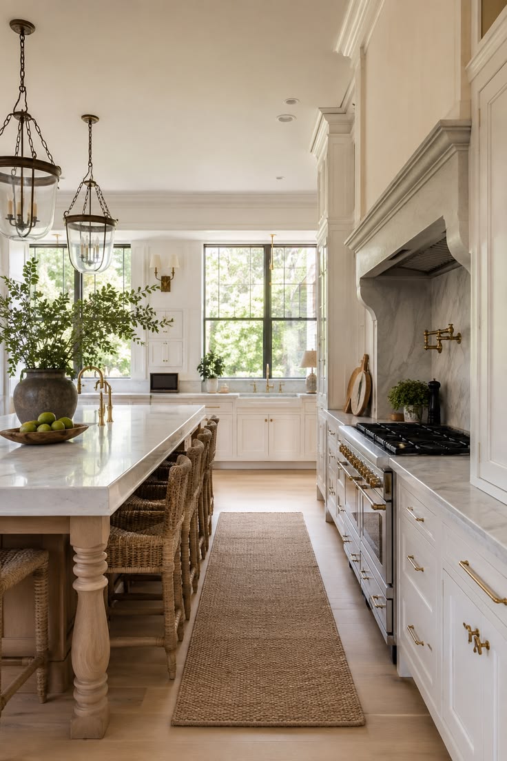 Farmhouse kitchen with warm wood cabinetry, apron sink and linen towels