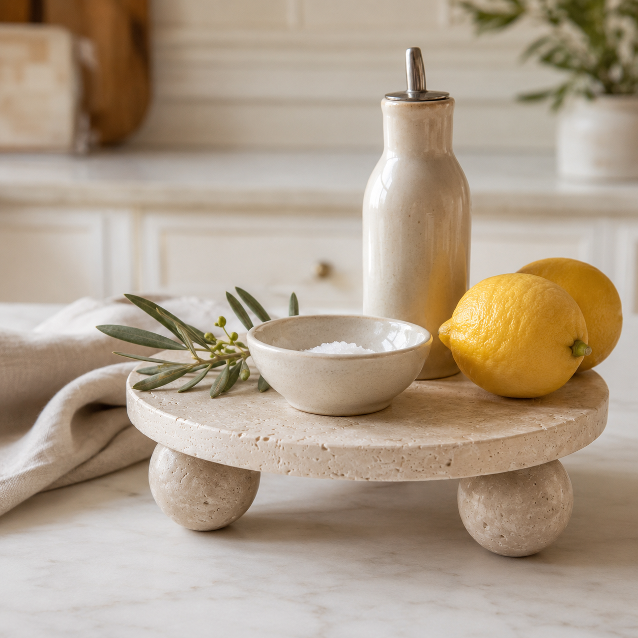Travertine pedestal riser with a small bowl of salt and lemons