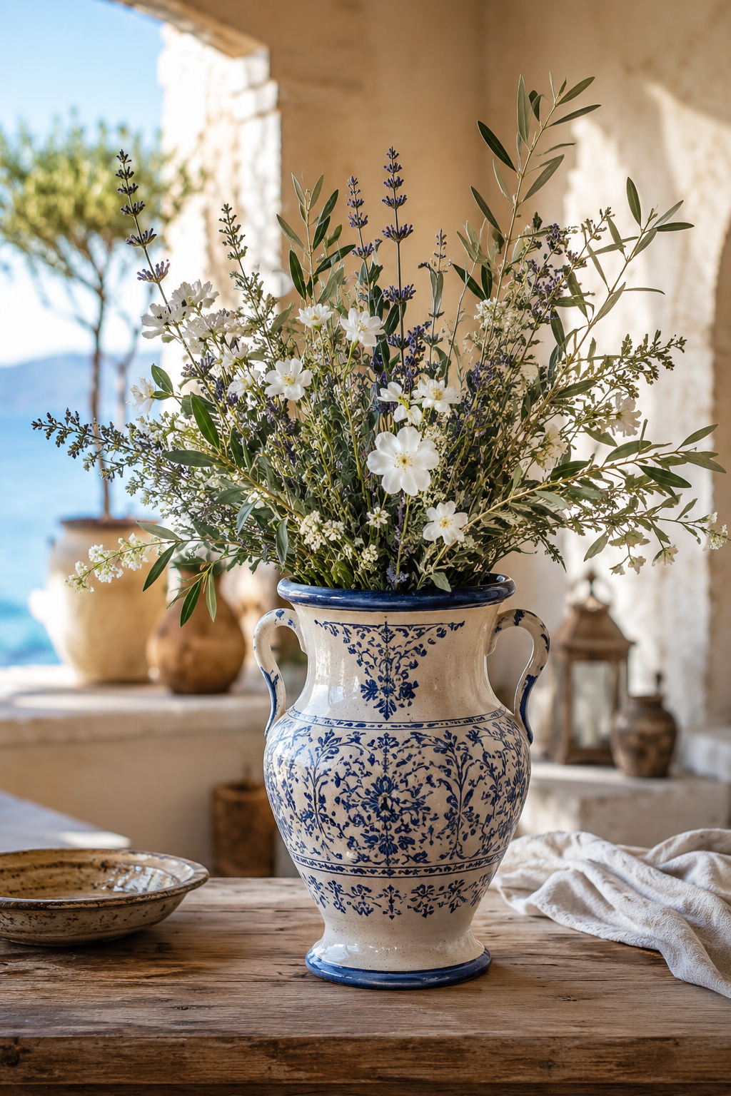 Terracotta and cream Mediterranean ceramics on a sunlit stone shelf