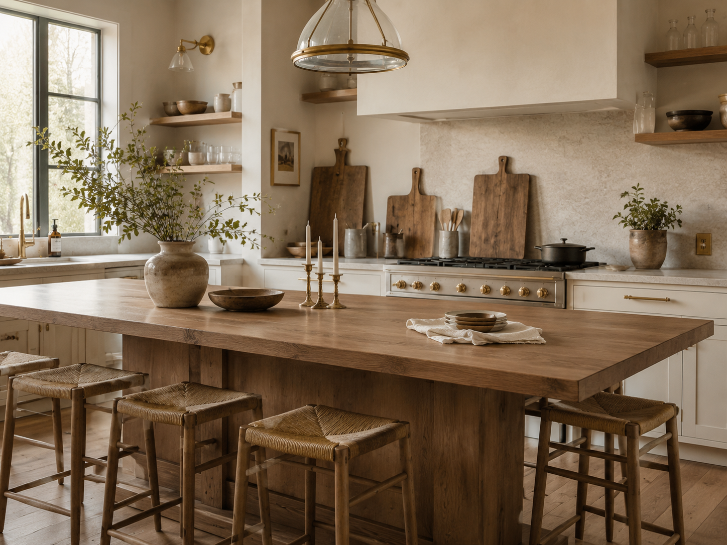 Cream kitchen with a natural oak island, woven stools and linen textiles
