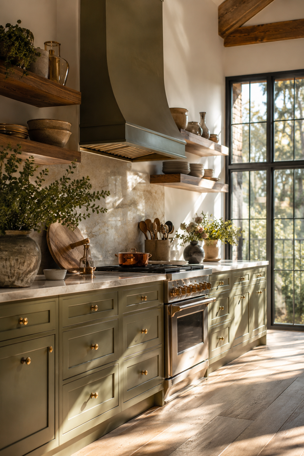 Olive green kitchen with pale stone counters and cream plaster walls