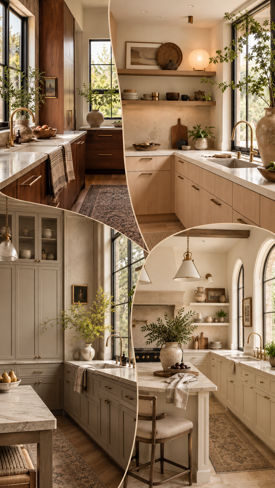 A warm, collected kitchen with cream cabinetry, open wooden shelving and marble worktops