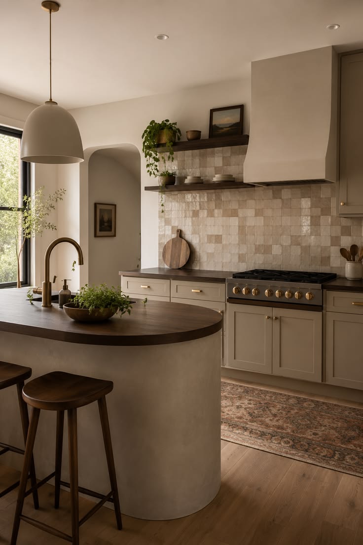 Mushroom taupe kitchen cabinetry with marble counter and warm sunlight