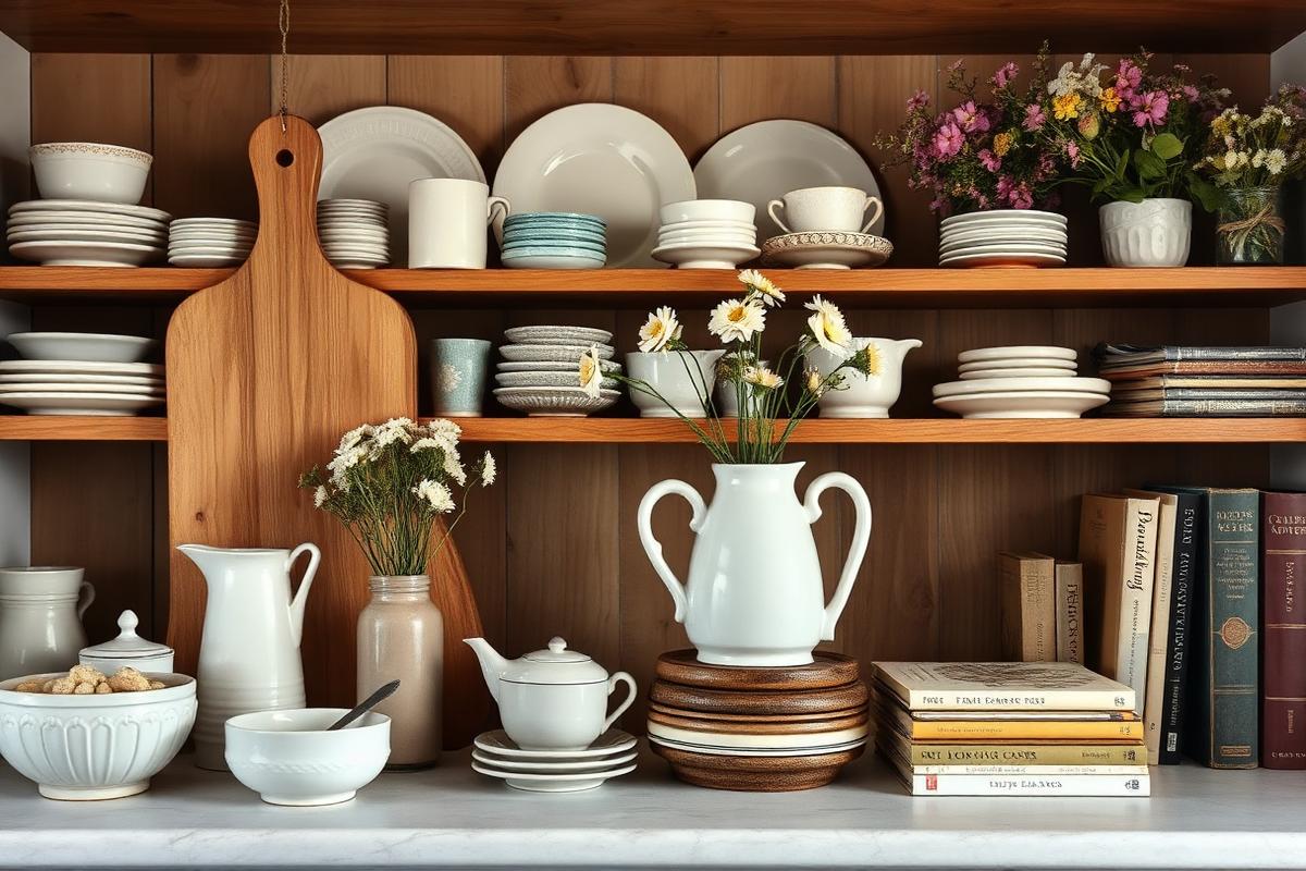 Kitchen shelf mixing vintage and new ceramics, boards, flowers and cookbooks