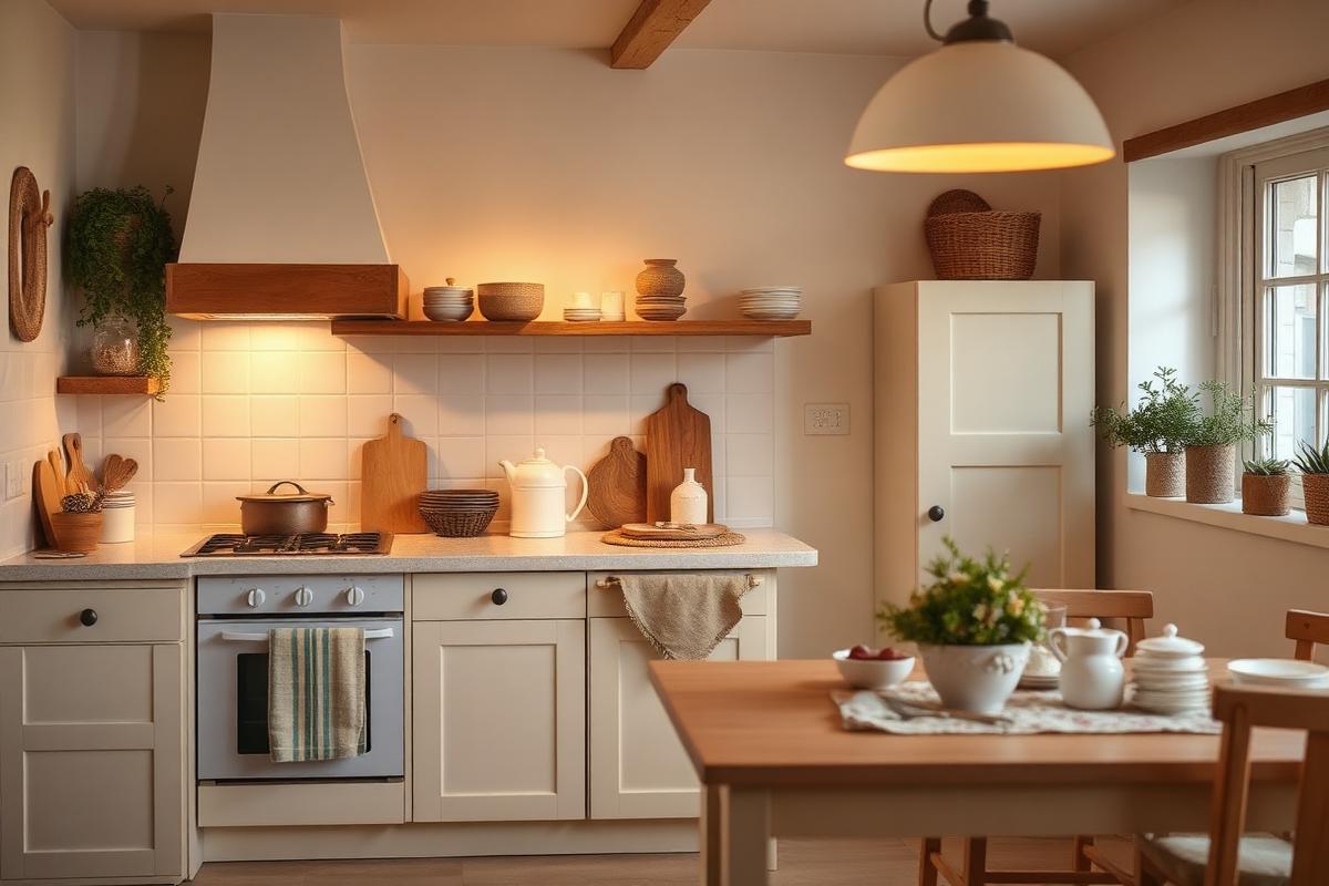 Cream kitchen warmed by wood shelving, ceramics and low lamp light