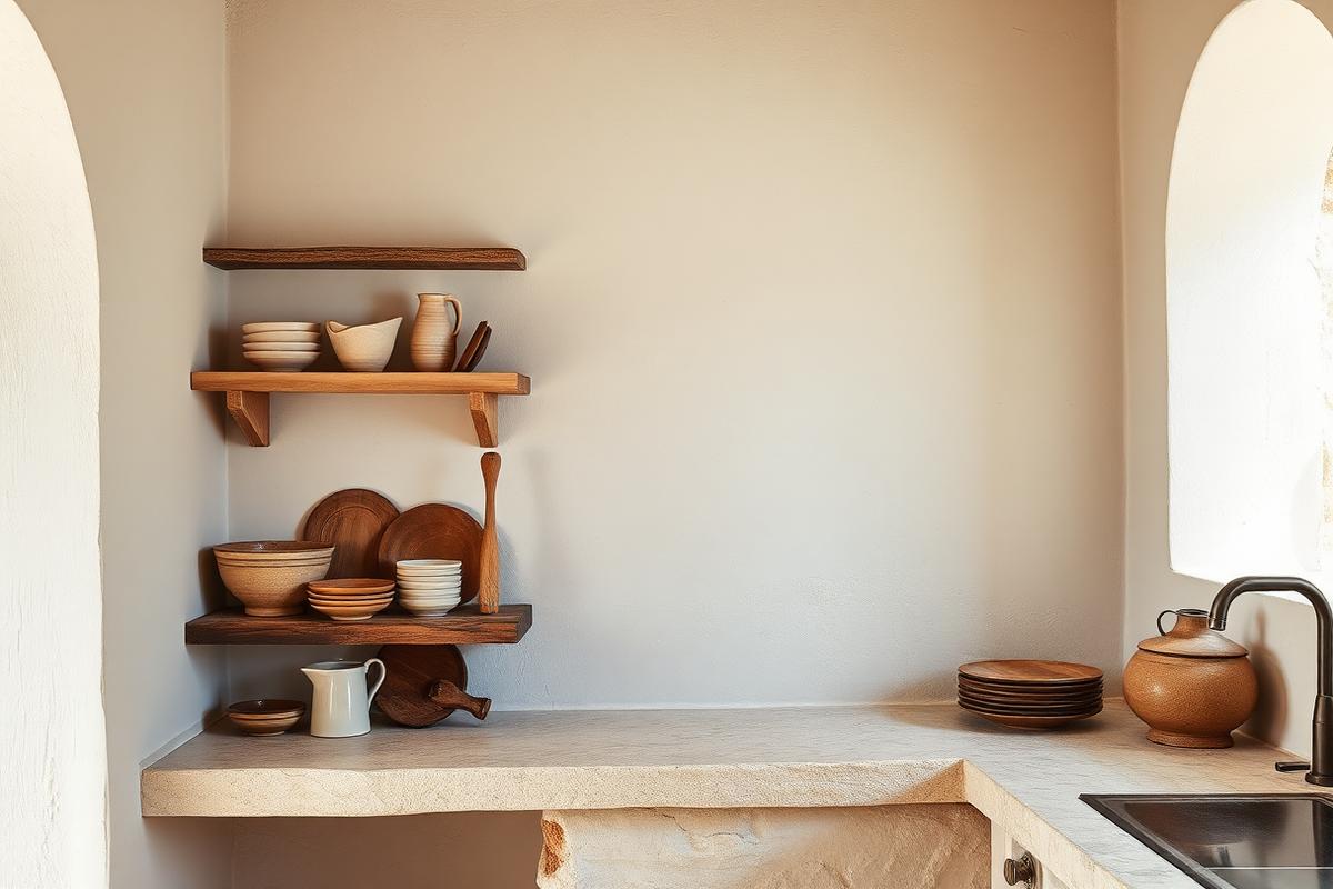 Mediterranean kitchen corner with plaster walls, aged wood shelf and ceramics