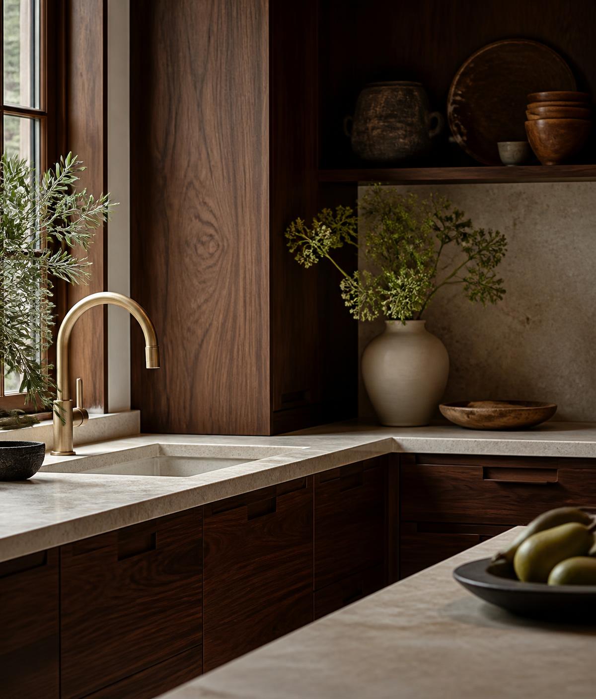 Walnut cabinetry with limestone counter and aged brass tap