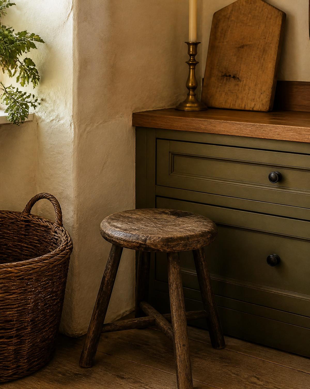 Rustic kitchen corner with an old wooden stool, woven basket, brass candlestick and a well-used cutting board