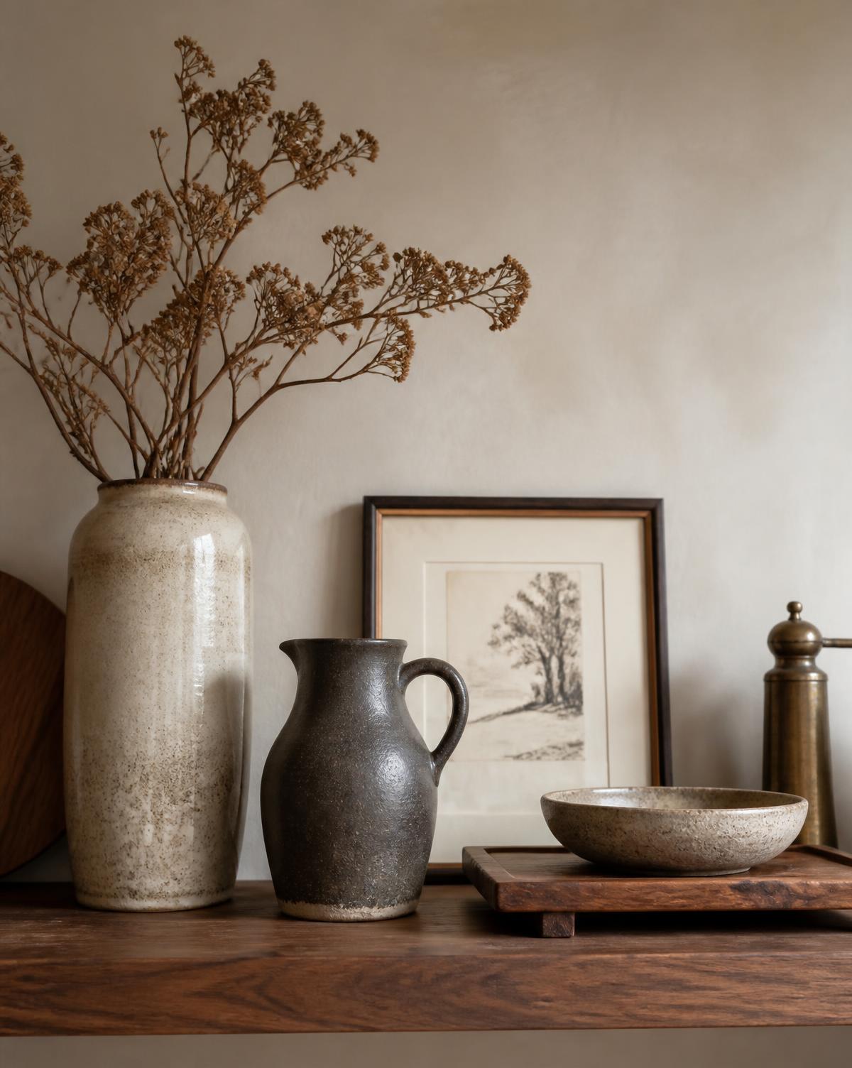 Shelf composition with a tall ceramic vase of dried branches, a stoneware pitcher, framed sketch and a low stone bowl on a wooden tray