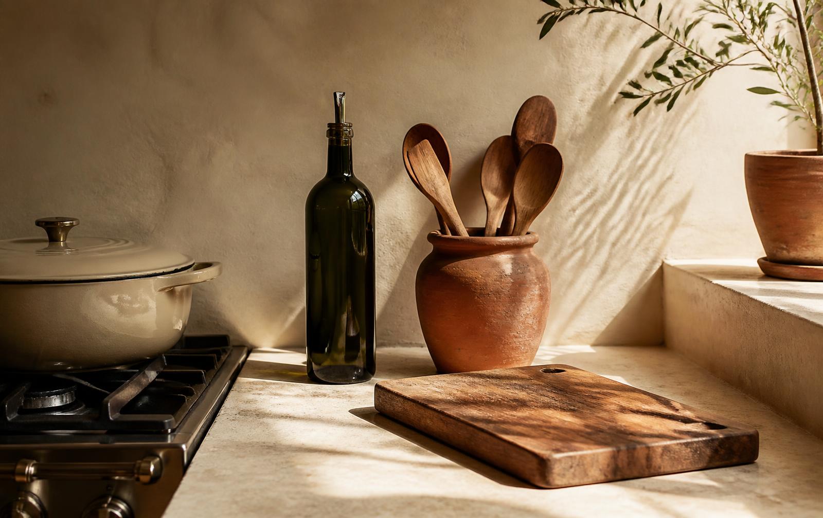 Mediterranean countertop beside a stove with an olive oil bottle, terracotta utensil crock and aged wooden cutting board