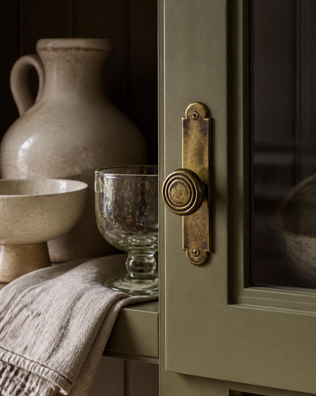Aged brass knob on an olive cabinet door beside cream ceramics, linen and glass