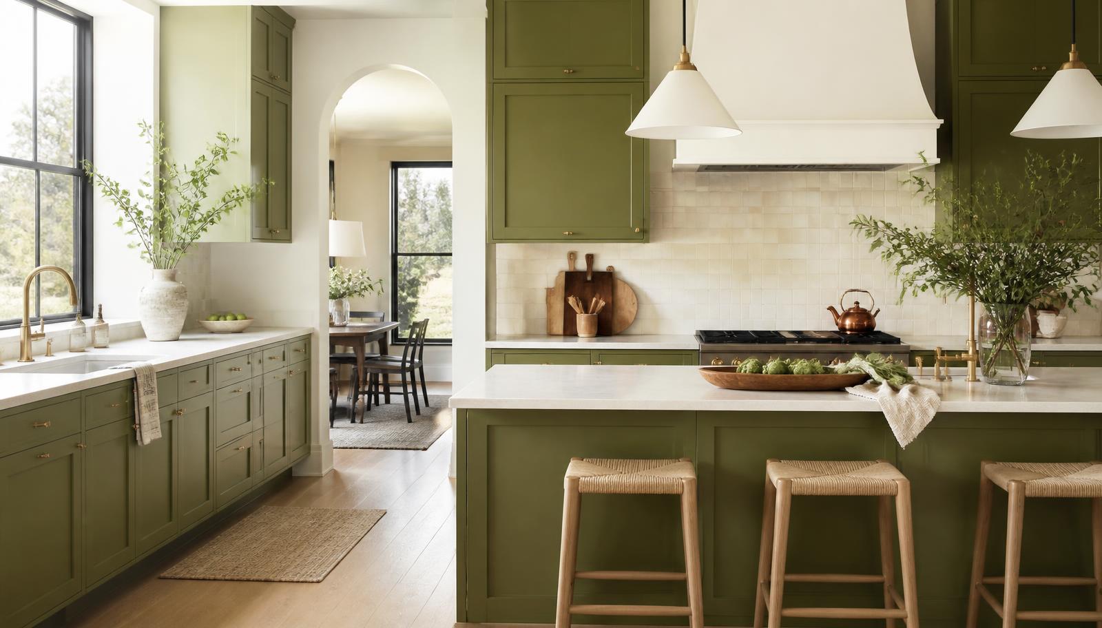 Bright olive green kitchen with cream backsplash, pale stone counters and daylight