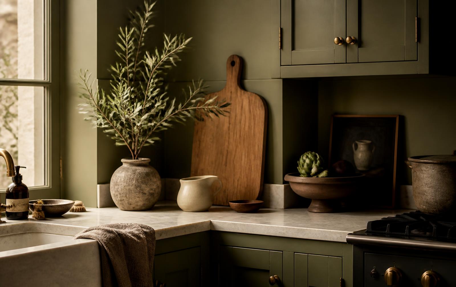 Lived-in olive green kitchen corner with a wooden board, cream jug and olive branches