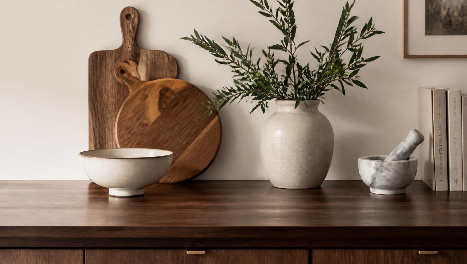 Walnut counter styled with wooden boards, a ceramic bowl, a stone mortar and a vase of green branches