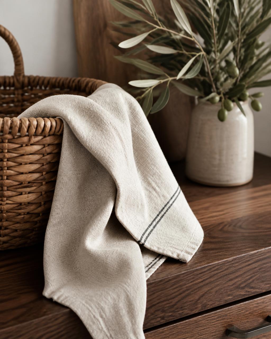 Linen towel, woven basket and olive branches in a stoneware vase on walnut wood