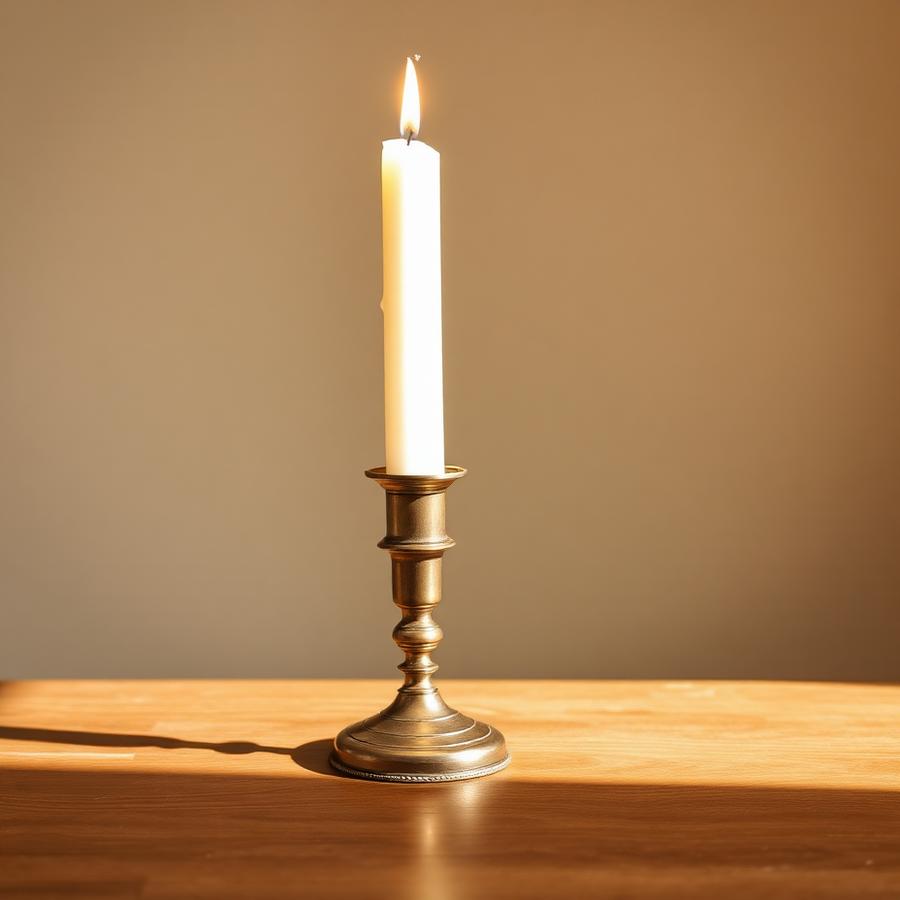 Aged brass candle holder with a lit taper candle on a wooden table