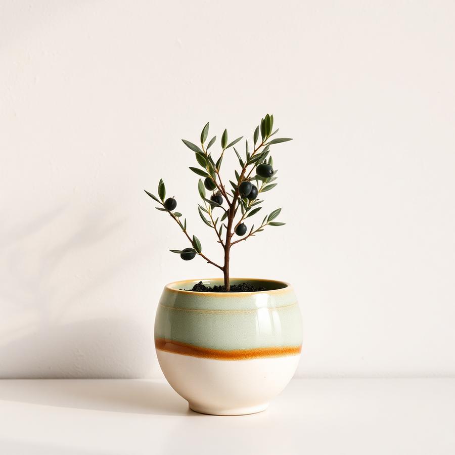 Small olive plant in a glazed ceramic planter