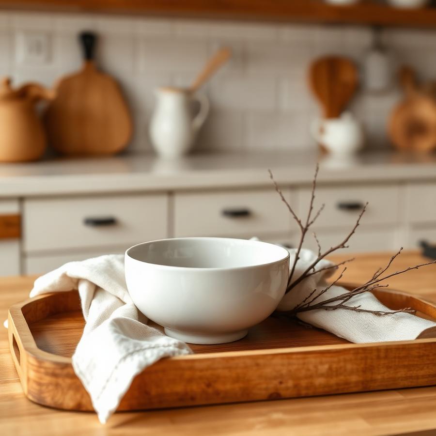 Wooden tray styled with a ceramic bowl, linen cloth and dried branches