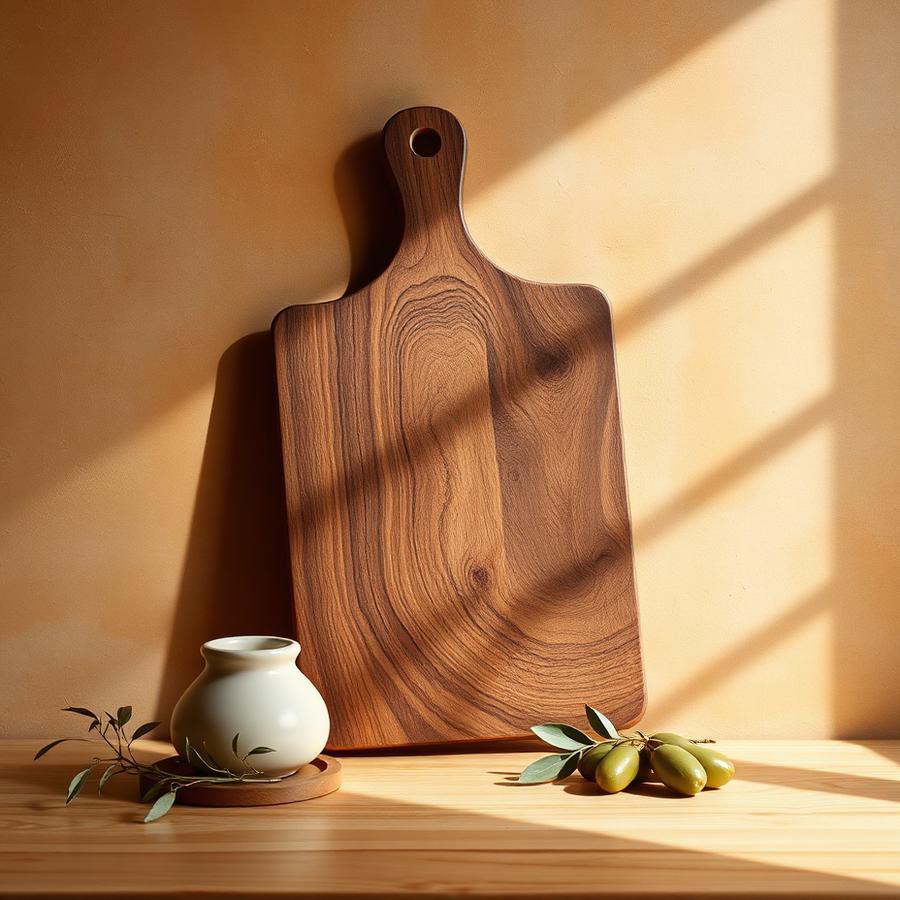 Walnut cutting board leaning against a warm plaster wall