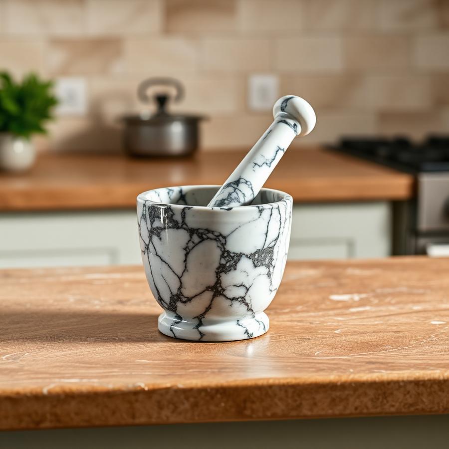 Marble mortar and pestle on a wooden kitchen counter