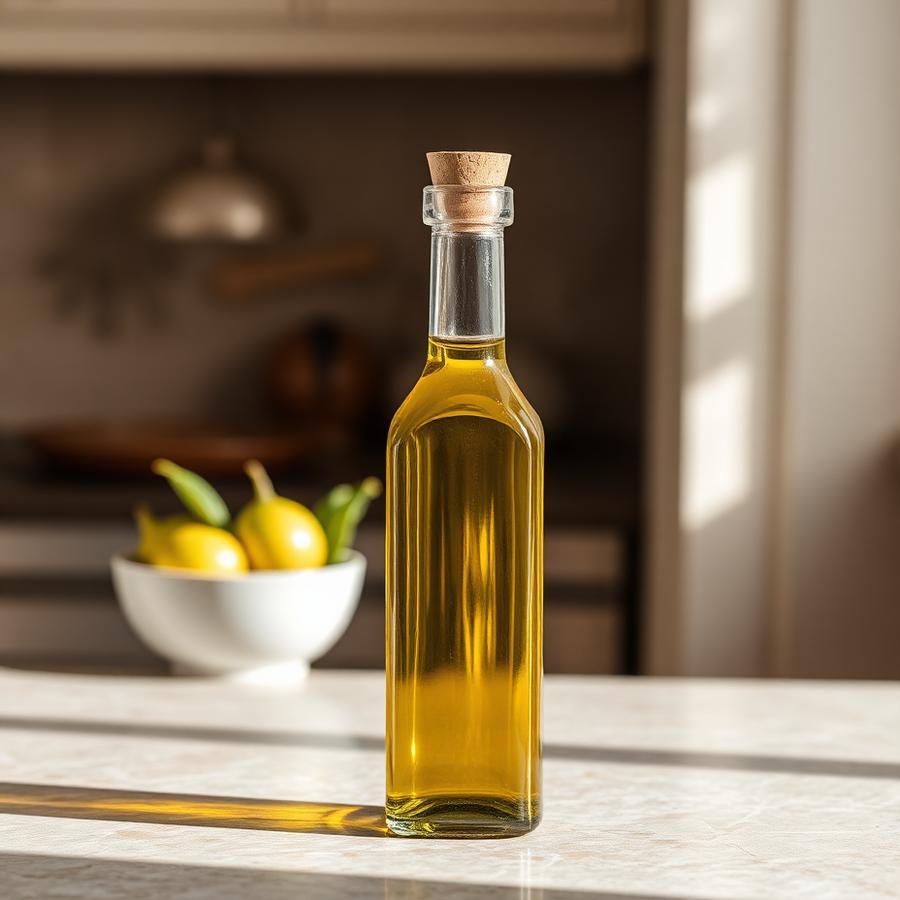 Glass olive oil bottle with cork stopper on a stone counter