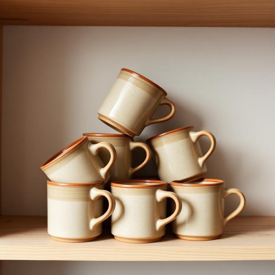 Stacked speckled stoneware mugs on a pale wooden shelf