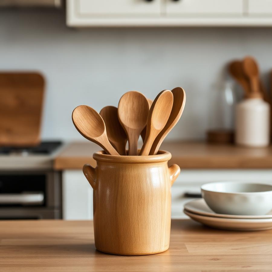 Wooden utensil crock holding wooden spoons on a kitchen counter