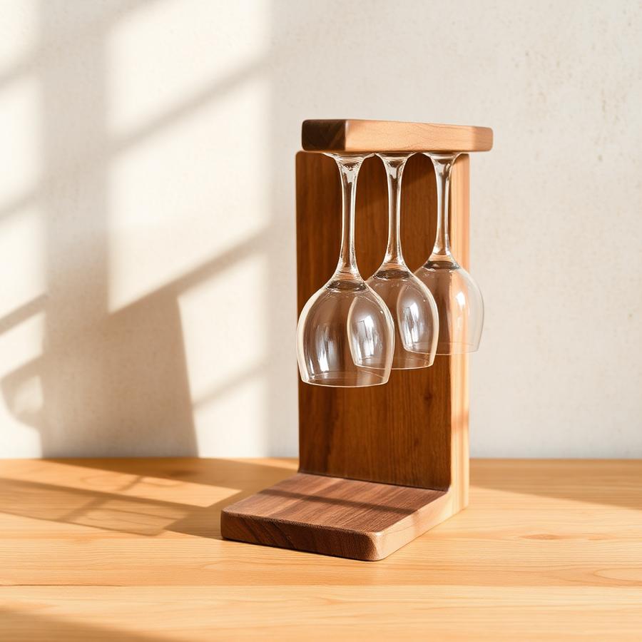 Wooden wine glass holder with hanging glasses in warm daylight