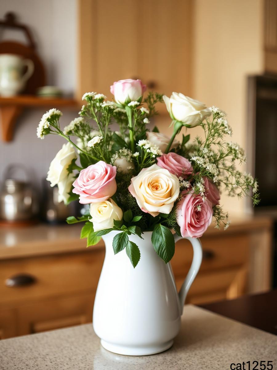 Garden roses and cow parsley arranged loosely in a ceramic jug