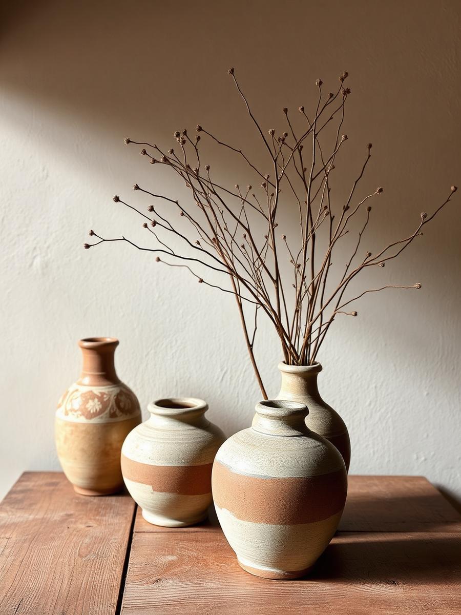 Earthenware vases with dried branches on a weathered wooden table